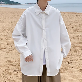 Hybskr, нова риза с дълъг ръкав, мъжки Свободна Однобортная градинска Блуза Голям Размер, однотонная блуза M-5x, корейски ризи с ръкави и копчета