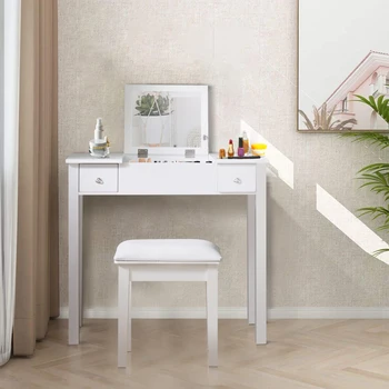 Акцентный Бяла Тоалетка с огледало с панти капак и 2 чекмеджета, за съхранение на бижута за жени