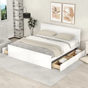 Дървено легло-платформа кралски размери с четири чекмеджета за съхранение и звена крака