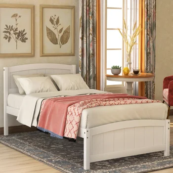 Дървено легло-платформа с таблата \ Подножкой и дървена лента \ Бяла Масивна дървесина [в наличност в САЩ]