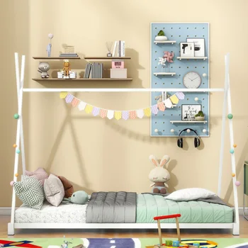 Метална двупластова легло-платформа за дома, триъгълна структура, бели, едно легло, бебешко легло, легло за тийнейджъри
