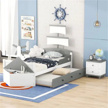 Спални комплекти от 3 теми, легло-платформа във формата на лодка двоен размер, с куфар и две нощни шкафчета, Лесно за монтаж за мебели за спални
