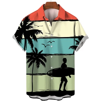 Хавайска Риза, за да Сърфирате За Мъже 2023, Нови Мъжки Ризи с къс ръкав, Модерно Мъжко Облекло За Плаж, Отдих, Яка, Копчета, Блуза